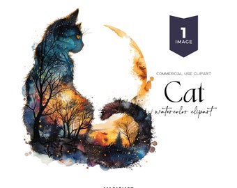 Cat Silhouette Clipart Cute Cat Watercolor Clipart Black Cat Kitten Clipart Animal Clipart Cat Lovers Cat Png Digital Download Commercial