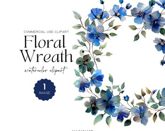 May include: Watercolor clipart of a blue floral wreath. The wreath is made up of blue flowers and green leaves. The text "Floral Wreath" is written in black text on a white background.