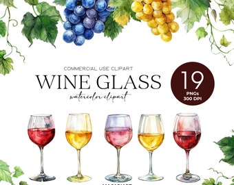 May include: A watercolour illustration of five wine glasses, each containing a different coloured liquid. The image also shows bunches of grapes, green leaves, and the text "WINE GLASS watercolor clipart".