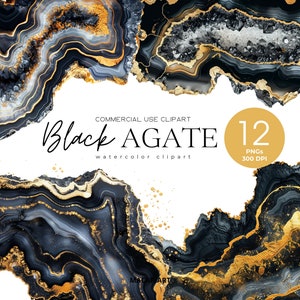 May include: A digital illustration of 12 black agate slices with gold accents. The agate slices are arranged in a circular pattern with a white background. The text "Black Agate Watercolor Clipart" and "12 PNGs 300 DPI" is visible in the image.