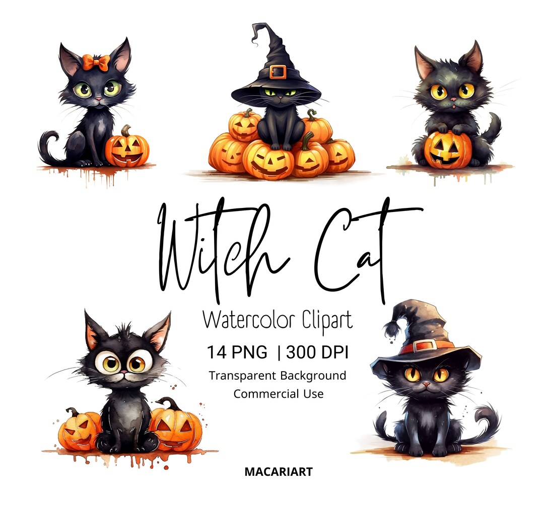 Halloween Cat Watercolor Clipart Witch Cat Halloween Png Black Cat ...