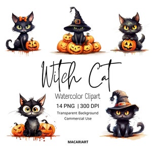 Halloween Cat Watercolor Clipart Witch Cat Halloween Png Black Cat Decor Digital Halloween Clipart Halloween Printable Spooky Decor Home