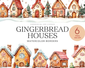 Christmas Gingerbread Houses Border Clipart, Watercolor Christmas Village Png, Christmas Home, Cosy Winter Border, Christmas Market Png