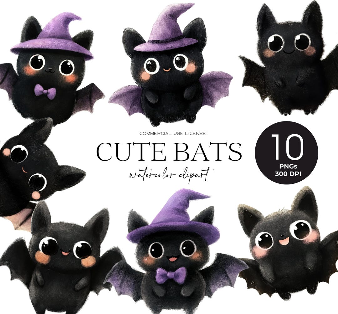 かわいいハロウィンの黒いコウモリのクリップアートバンドル 水彩画の