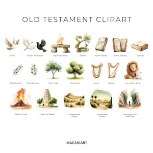 May include: A set of watercolour illustrations depicting scenes and objects from the Old Testament. The illustrations include a dove, raven and dove, sacrificial altar, snake, stone tablets, loaves of bread, olive branches, olive trees, lyres, harps, a lion with a lamb, Mount Sinai, the Tower of Babel, wilderness scenes, and the parting of the Red Sea.