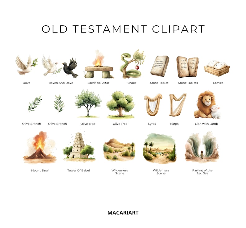 May include: A set of watercolour illustrations depicting scenes and objects from the Old Testament. The illustrations include a dove, raven and dove, sacrificial altar, snake, stone tablets, loaves of bread, olive branches, olive trees, lyres, harps, a lion with a lamb, Mount Sinai, the Tower of Babel, wilderness scenes, and the parting of the Red Sea.
