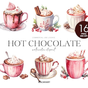 Chocolate caliente Clipart Navidad acuarela Cacao caliente Png Invierno Clipart Bebida de cacao caliente Comida navideña Clipart Fiestas festivas Fabricación de tarjetas