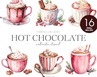 ホットチョコレートのクリップアート クリスマス 水彩画 ホットココア PNG 冬のクリップアート ホットココアドリンク ホリデーフードのクリップアート お祝いのホリデーカード作り