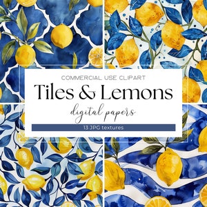 Mediterran Fliesen Aquarell Zitronen Clipart portugiesischen Azulejo Keramikfliesen blau weiß gelb italienische Fliesenmuster Digitales Papier Jpeg