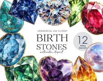誕生石のクリップアート、水彩画の宝石のクリスタル、宝石の形、神秘的