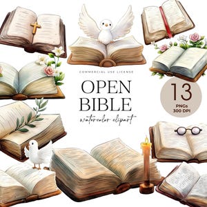 Op de afbeelding: Waterverf clipart met open Bijbels met bloemen- en duifaccenten. De afbeelding bevat verschillende open boeken, sommige met kruisen, bloemen en een kaars. Tekst op de afbeelding luidt "OPEN BIBLE watercolor clipart" en "13 PNGs 300 DPI".