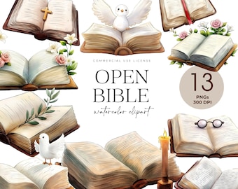 Clipart Bibbia aperta, libri sacri, immagini religiose, studio della Bibbia, arte cristiana, fede cristiana, Bibbia con croce, illustrazione basata sulla fede