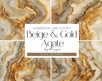 Puede incluir: Papel digital de ágata beige y dorado con 8 texturas JPG. La imagen muestra cuatro patrones diferentes de ágata beige y dorado.