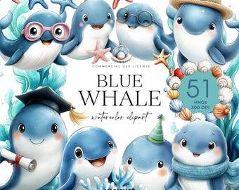 Watercolor Blue Whale Clipart, Under The Sea Clipart, Ocean Wildlife, Whale Png, Cute Ocean Animals, Undersea, Cute Fish, Sea Nursery Decor