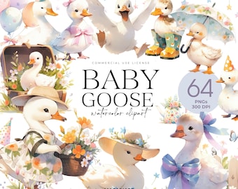Spring Baby Goose Clipart, Silly Goose Clipart, Cute Baby Goose, Watercolor Goose With Flowers, Baby Shower, Birthday Party, Balloon, Bird