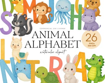 Cute Animal Alphabet Clipart, Watercolor ABC Letters for Kids, School Beginner Clipart, Cute Nursery Letters, ABC PNG Bundle, Koala, Iguana
