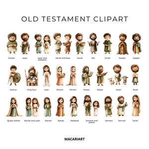 May include: Illustrated clipart of Old Testament characters, including Goliath, Isaac, Rebekah, Jacob, Esau, Job, Jonah, Joseph, Joshua, King Saul, Leah, Miriam, Moses, Noah, Queen Esther, Rachel, Rahab, Rebekah, Samson, Delilah, Samuel, and Sarah.