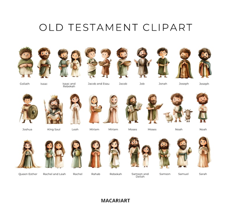 May include: Illustrated clipart of Old Testament characters, including Goliath, Isaac, Rebekah, Jacob, Esau, Job, Jonah, Joseph, Joshua, King Saul, Leah, Miriam, Moses, Noah, Queen Esther, Rachel, Rahab, Rebekah, Samson, Delilah, Samuel, and Sarah.