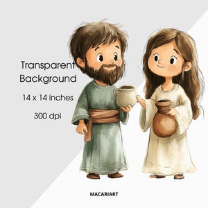 May include: A digital illustration of two people, a man and a woman, wearing traditional clothing. The man is holding a brown clay pot and the woman is holding a brown clay jug. The background is white.