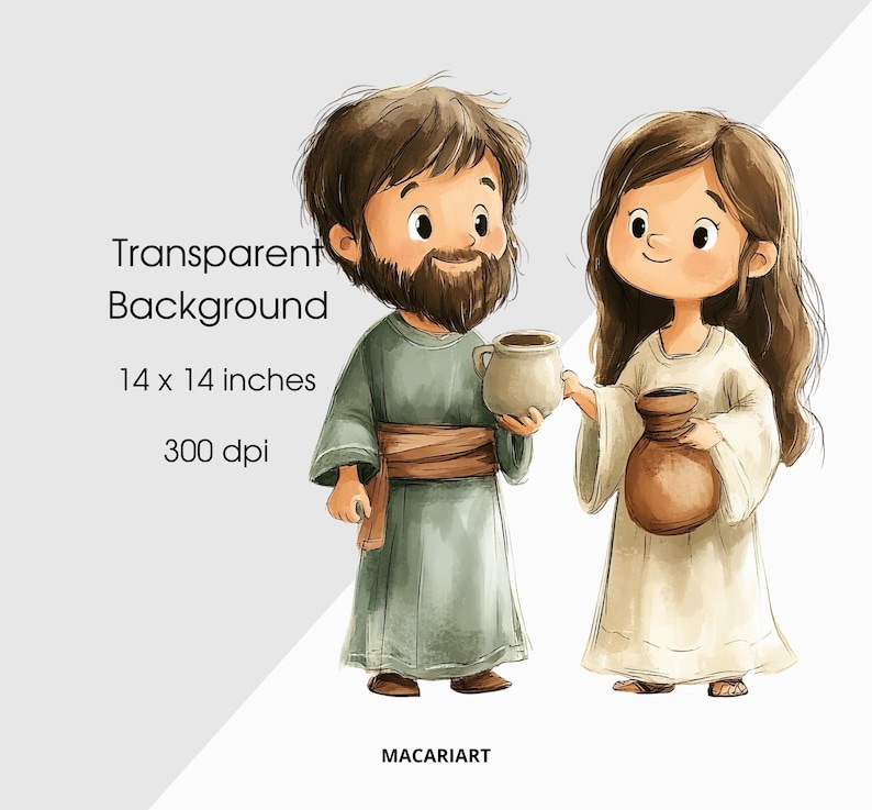 May include: A digital illustration of two people, a man and a woman, wearing traditional clothing. The man is holding a brown clay pot and the woman is holding a brown clay jug. The background is white.