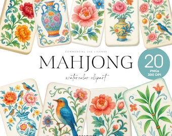 Mahjong Clipart, Mahjong Tiles Png, Watercolor Mahjong Png, Floral Mahjong, Chinoiserie Art, Mahjong Seamless Pattern, Wedding Clipart