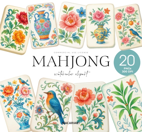 Mahjong Clipart, Mahjong Tiles Png, Watercolor Mahjong Png, Floral Mahjong, Chinoiserie Art, Mahjong Seamless Pattern, Wedding Clipart