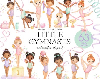 Little Gymnasts Clipart, Cute Gymnastics Girls, Rhythmic Gymnast Party, Ballet Gymnast, Girls in Pink Leotards