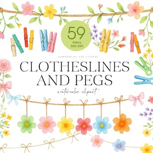 Empty Clothesline and Clothes Peg Clipart, Rustic Clothesline Clipart, Clothespin, Latch, Baby Clothesline, Laundry Day, Floral Clothesline