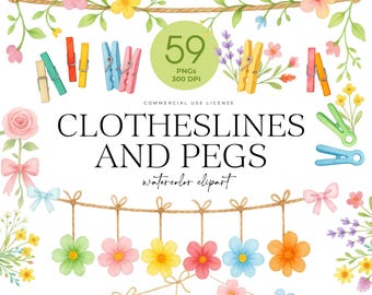 Empty Clothesline and Clothes Peg Clipart, Rustic Clothesline Clipart, Clothespin, Latch, Baby Clothesline, Laundry Day, Floral Clothesline