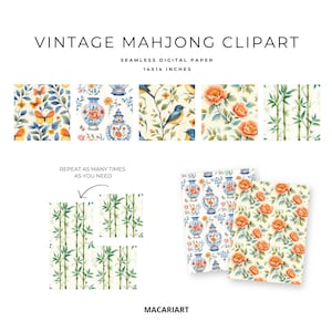 Op de afbeelding: Digitaal papier met een vintage Mahjong-thema, met aquarelontwerpen. De afbeelding toont bloempatronen, vogels en bamboe, met tekst die luidt "VINTAGE MAHJONG CLIPART" en "SEAMLESS DIGITAL PAPER 35.5x35.5 cm".