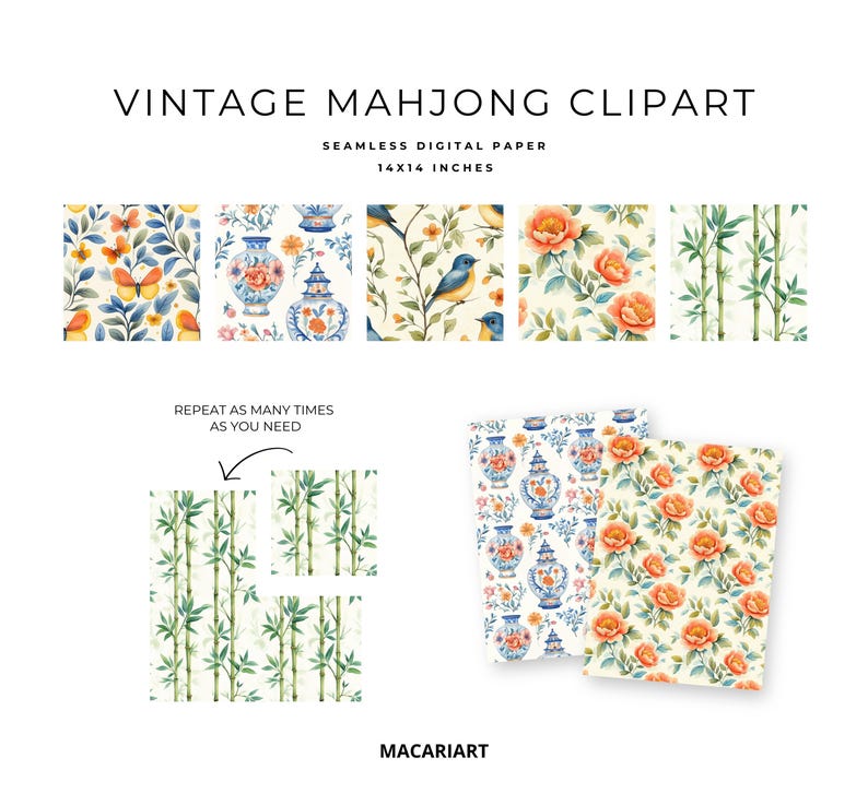 Op de afbeelding: Digitaal papier met een vintage Mahjong-thema, met aquarelontwerpen. De afbeelding toont bloempatronen, vogels en bamboe, met tekst die luidt "VINTAGE MAHJONG CLIPART" en "SEAMLESS DIGITAL PAPER 35.5x35.5 cm".