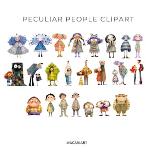 May include: A digital clipart set featuring illustrations of quirky, colourful people with unique personalities and styles. The set includes a variety of characters, each with their own distinct features and expressions. The clipart is perfect for adding a touch of whimsy and personality to your projects.