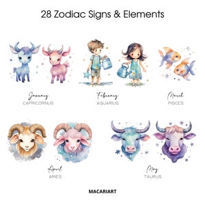 Może przedstawiać: Aquarela przedstawiająca 12 znak&oacute;w zodiaku z odpowiadającymi im miesiącami i żywiołami. Znaki są przedstawione jako urocze zwierzęta, w tym koza, ryba, baran, byk i inne. Ilustracja jest umieszczona na białym tle z gwiazdami.