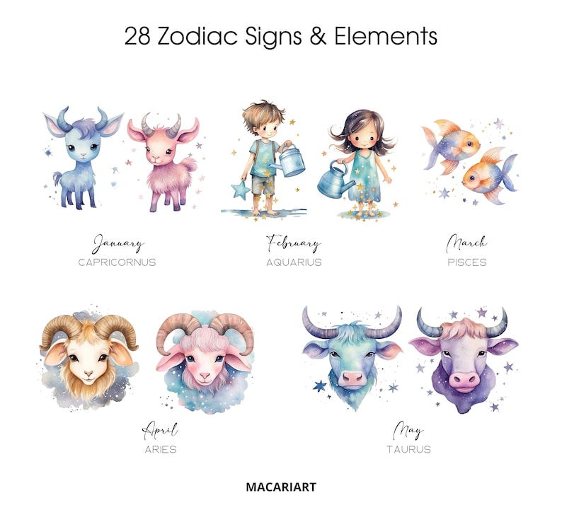 Może przedstawiać: Aquarela przedstawiająca 12 znak&oacute;w zodiaku z odpowiadającymi im miesiącami i żywiołami. Znaki są przedstawione jako urocze zwierzęta, w tym koza, ryba, baran, byk i inne. Ilustracja jest umieszczona na białym tle z gwiazdami.