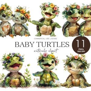 Niedliche Baby Schildkröte Mit Blumen Clipart Meeresschildkröte Png Aquarell Ozean-Tiere Kinderzimmer Kunst Party Einladung Geburtstag Baby-Tiere Schildkröte