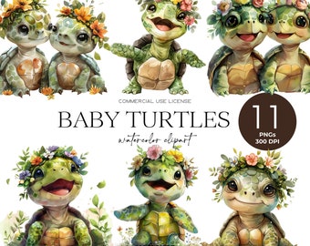 Cute Baby Turtle With Flowers Clipart Sea Turtle Png Watercolor Ocean Animals Nursery Art Party Invitation Birthday Baby Animals Tortoise