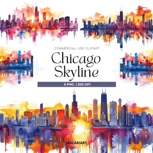 Acuarela Chicago Clipart Horizonte de Chicago EE. UU. Clipart Chicago Png Clipart de Illinois Ciudad de Chicago Descarga digital Álbum de recortes Diario basura