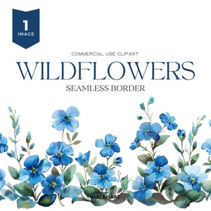 Wildflowers Border Clipart Floral Watercolor Border Blue Flowers Seamless Border Wild Floral Clipart Wedding Clipart Floral Borders Digital