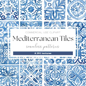 Piastrelle mediterranee Acquerello Piastrelle in ceramica Azulejo portoghese Blu Bianco Modello di piastrelle italiane Carta digitale Diario spazzatura di nozze italiano