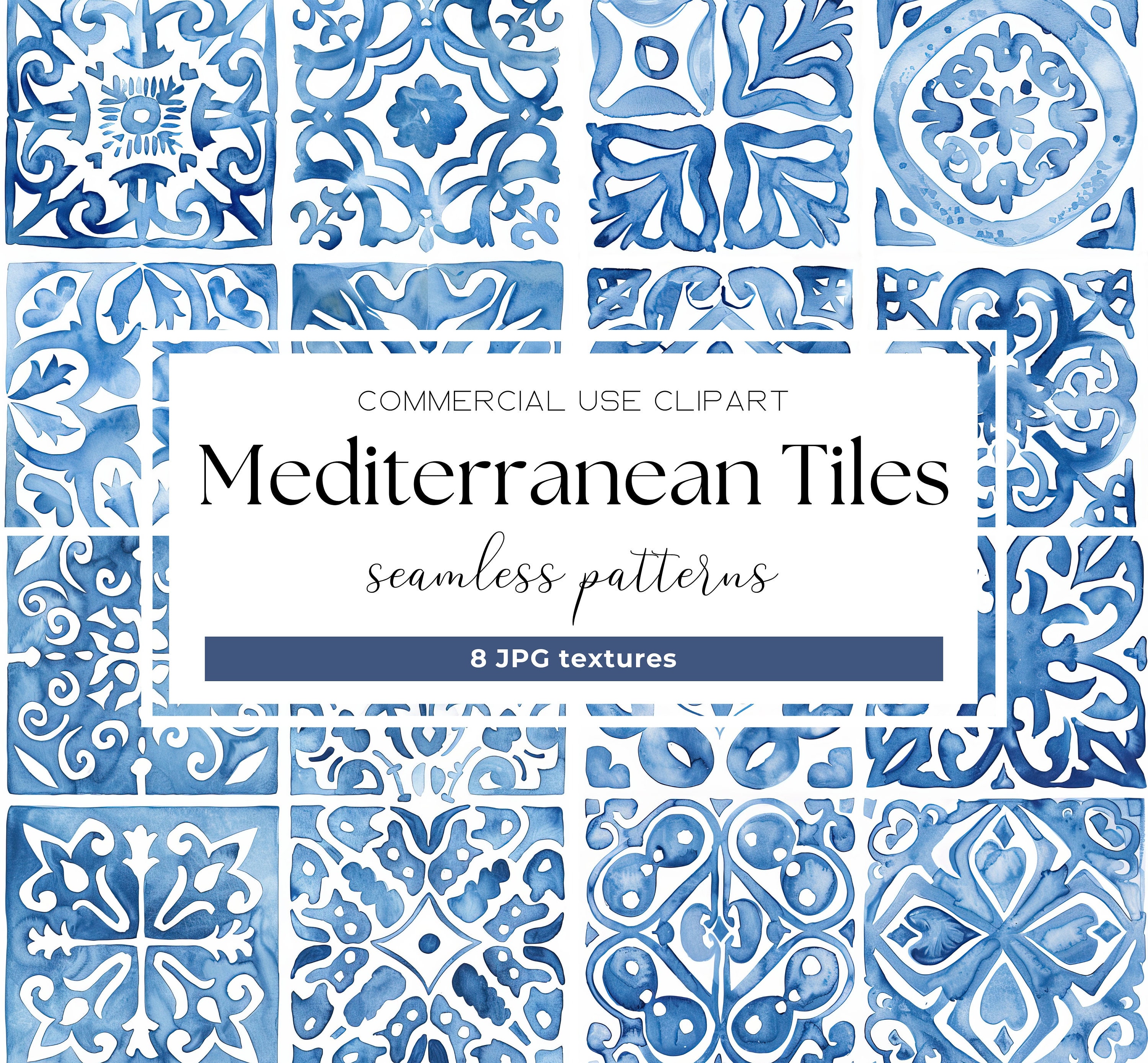 Mediterranean Tile Watercolor Portuguese Azulejo Ceramic Tiles Blue White Italian Tile Pattern Digital Paper Italian Wedding Junk Journal