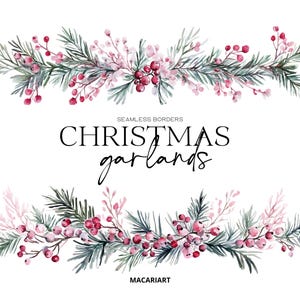 Perry Pink Christmas Garland Clipart Cornice natalizia floreale rosa Clipart acquerello Bordo senza soluzione di continuità Grandmillenal Preppy Style Natale PNG