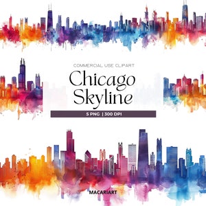 Acuarela Chicago Clipart Horizonte de Chicago EE. UU. Clipart Chicago Png Clipart de Illinois Ciudad de Chicago Descarga digital Álbum de recortes Diario basura