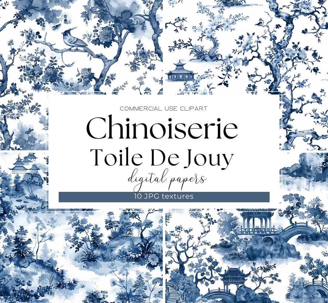 Chinese Blue Floral Toile De Jouy Digital Paper Blue Chinese Wallpaper ...
