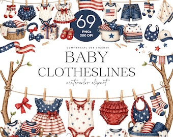 Baby Clothesline Clipart, 4th of July Nursery Clipart, Blue Jeans Denim Baby Overalls, Boy Clothesline, Pegs, Clothespin, Laundry Day