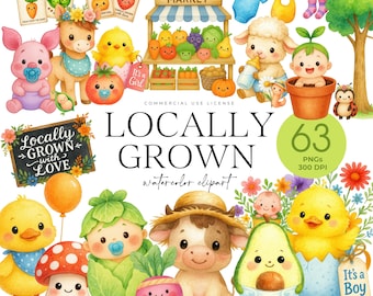 Locally Grown Baby Clipart, Baby Farmers Market, Fun Fruit and Veggie PNG, Botanical Baby, Farm Theme Invitations, Clothesline, Farm Animals