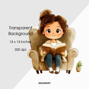 K&ouml;nnte beinhalten: Aquarell-Illustration einer Comicfigur, die in einem beigen Sessel ein Buch liest. Die Figur tr&auml;gt ein wei&szlig;es Hemd, eine cremefarbene Strickjacke und blaue Jeans. Das Bild enth&auml;lt den Text "Transparent Background, 35.56 x 35.56 cm, 300 dpi."