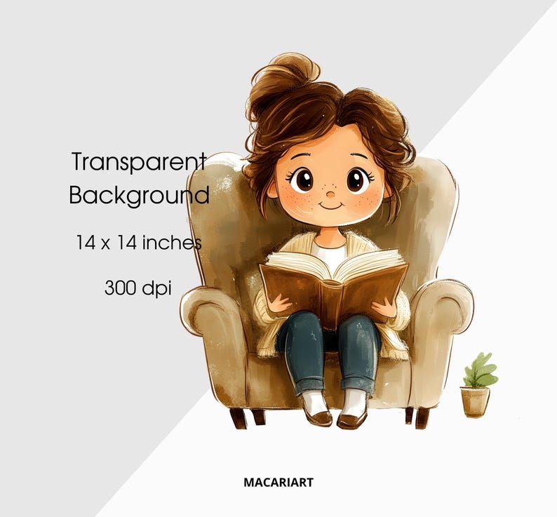 K&ouml;nnte beinhalten: Aquarell-Illustration einer Comicfigur, die in einem beigen Sessel ein Buch liest. Die Figur tr&auml;gt ein wei&szlig;es Hemd, eine cremefarbene Strickjacke und blaue Jeans. Das Bild enth&auml;lt den Text "Transparent Background, 35.56 x 35.56 cm, 300 dpi."
