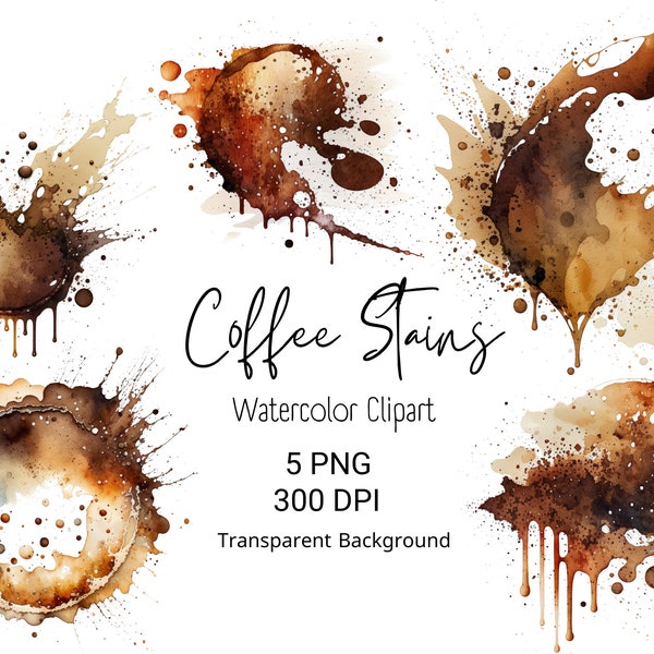 Watercolor Coffee Stains Clipart Coffee Print Wall Art Coffee Poster Shop Decor Coffee Instant Download Clipart Bundle Popular PNG Coffee