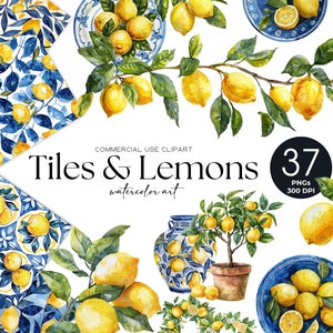 Carrelage méditerranéen et clipart citron aquarelle Clipart citron Png azulejos portugais carreaux de céramique bleu blanc transparente motif numérique