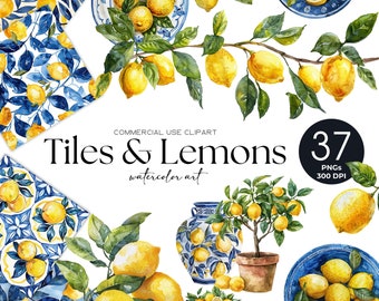 Mediterrane Fliese Und Zitrone Clipart Aquarell Zitrone Clipart Zitrone Png Portugiesisch Azulejo Keramikfliese Blau Weiß Muster Digital